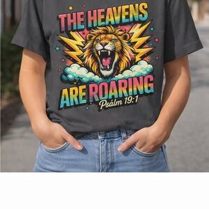 Comfort Colors gray Graphic Tee with Lion Design, faith based, retro colors